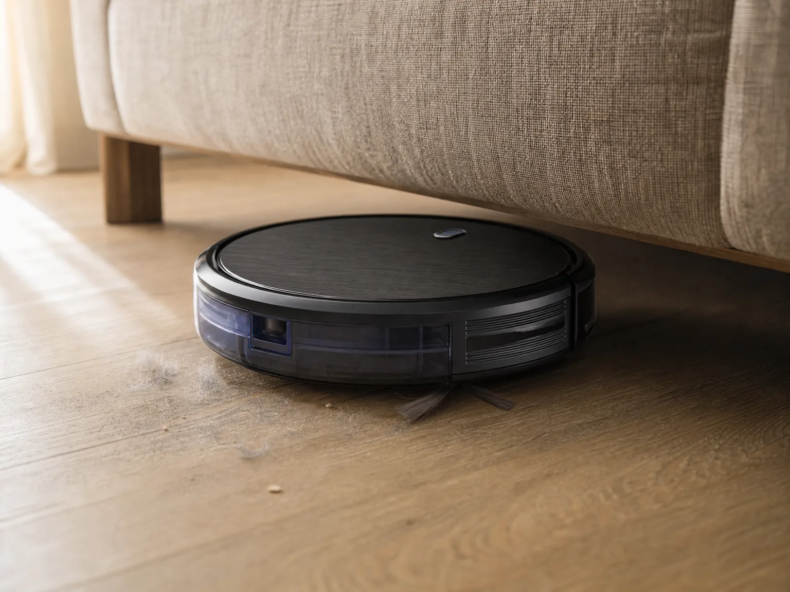 Close-up of a slim round robot vacuum driving out from under a linen sofa across warm oak flooring, a visible line of gray dust and cat hair behind it