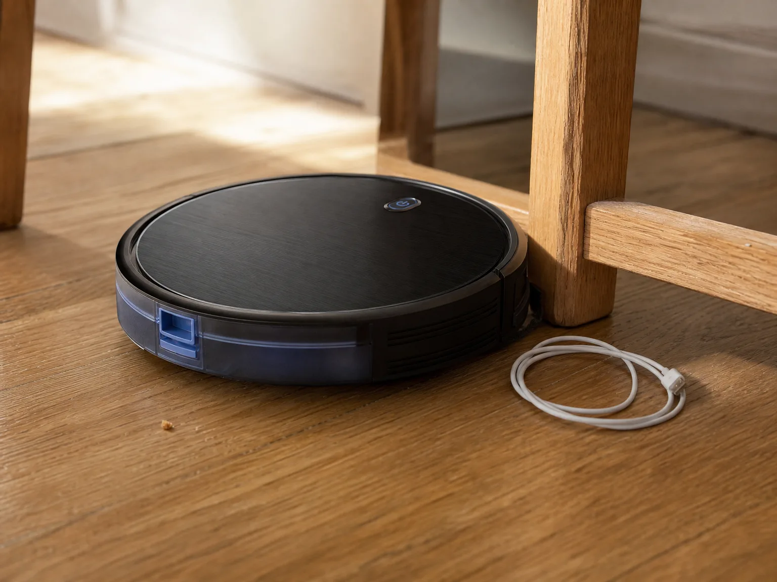 A slim robot vacuum wedged against the leg of a dining chair on hardwood, its side brush stopped, viewed from floor level
