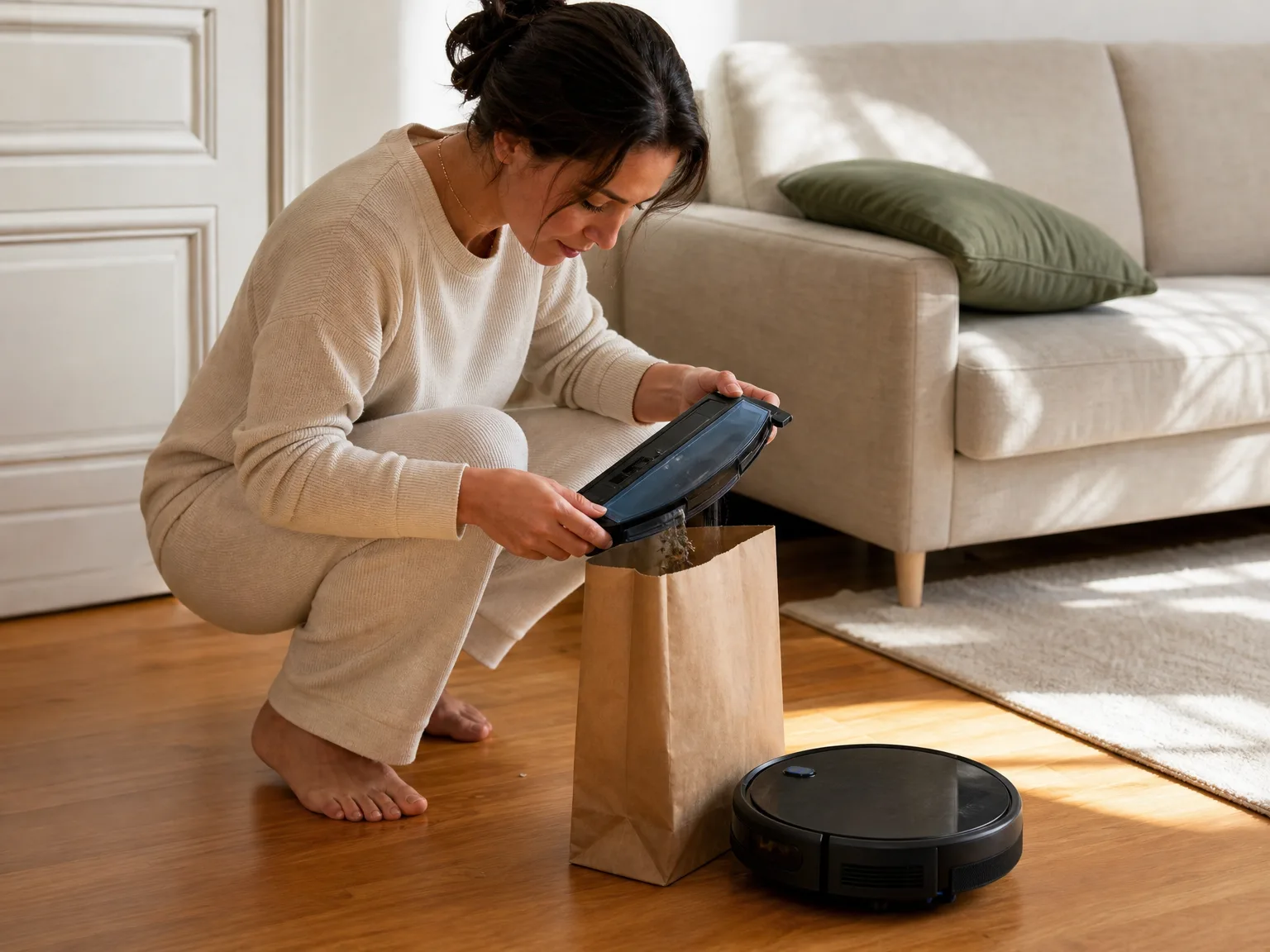 Woman in her early thirties crouching on the balls of her feet beside a slim robot vacuum on a sunlit hardwood floor, tipping the dust bin into a small bag