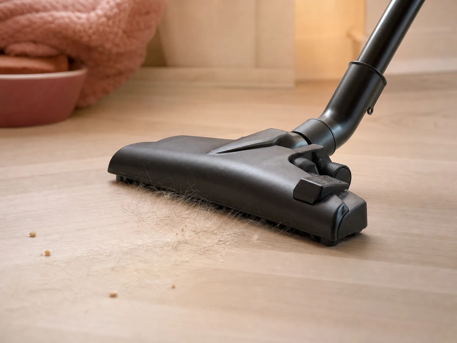 Close-up of canister vacuum brush head picking up pet hair from laminate floor