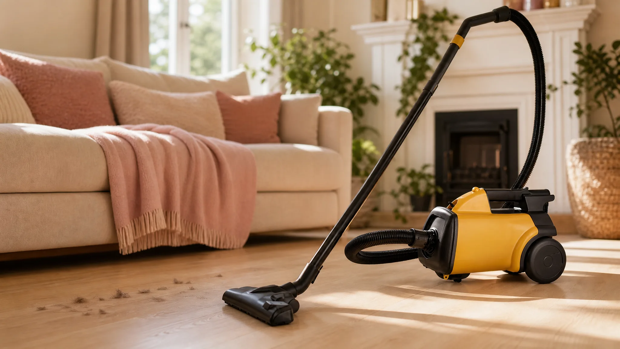 Lightweight canister vacuum set beside a hardwood floor in a warm sunlit living room