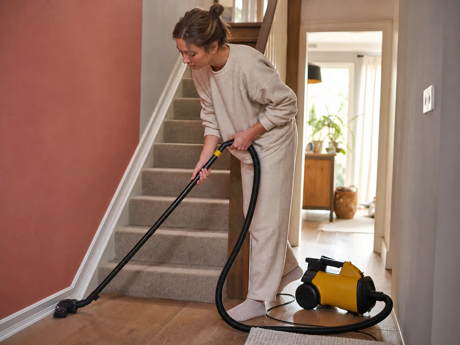 Woman vacuuming stairs with a canister vacuum, morning light, warm home interior