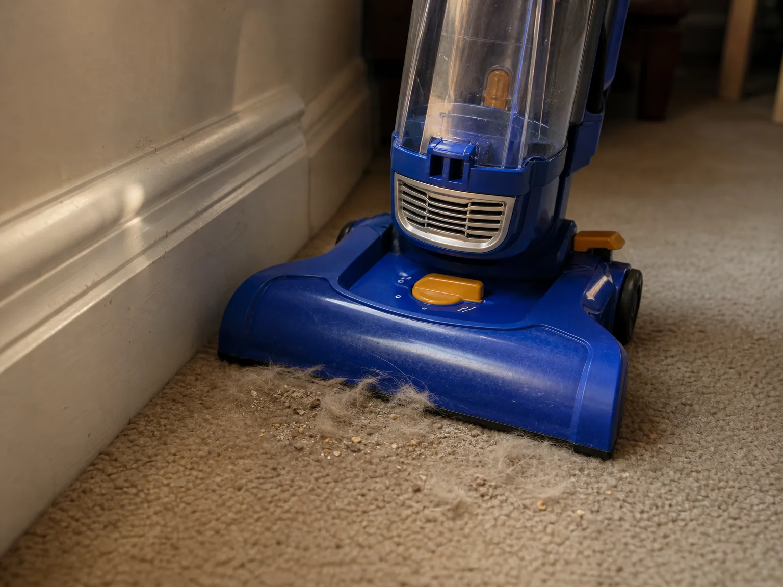 Close-up of an upright vacuum floor head lifting visible dog hair from low-pile beige carpet beside a wooden baseboard
