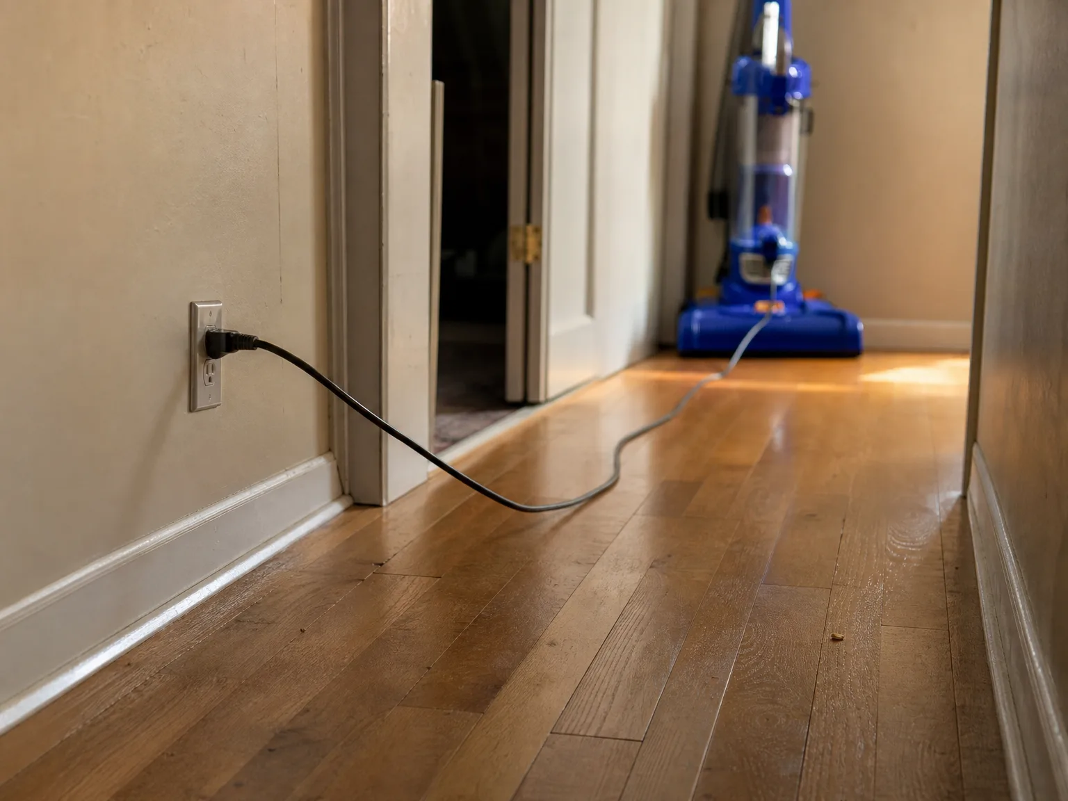 Vacuum power cord stretched taut across a hallway floor toward a wall outlet with a doorway ahead just out of reach