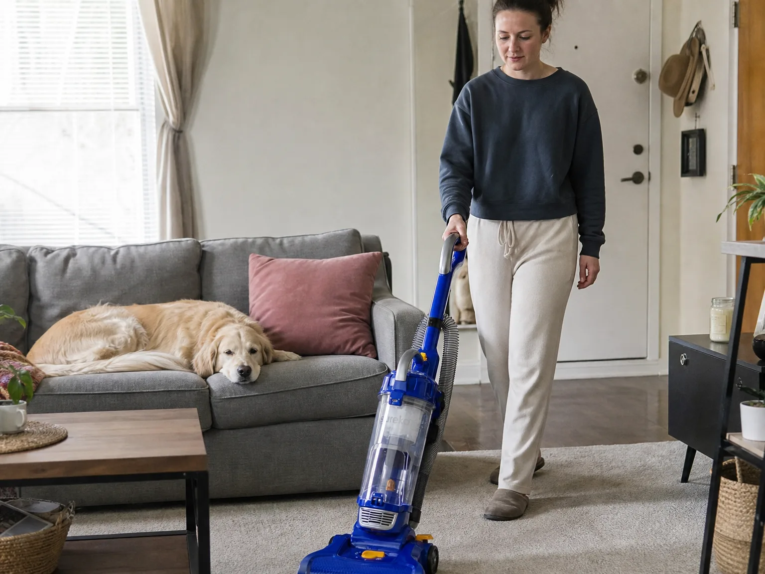 Woman in her early thirties pushing a lightweight blue upright vacuum across low-pile carpet in a sunlit apartment living room while a dog rests nearby