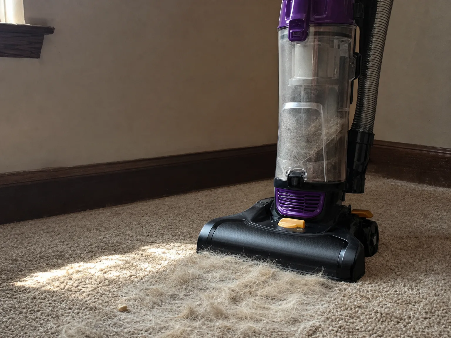 Close-up of an upright vacuum floor head pulling a thick line of dog hair out of medium-pile carpet next to a wooden baseboard
