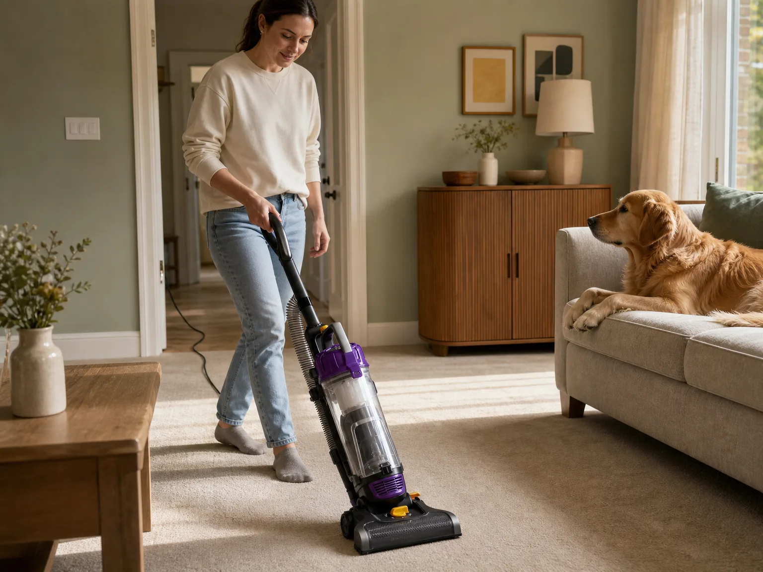 Woman in her early thirties pushing a purple upright vacuum across carpet in a sunlit living room while a large shedding dog watches from a nearby sofa