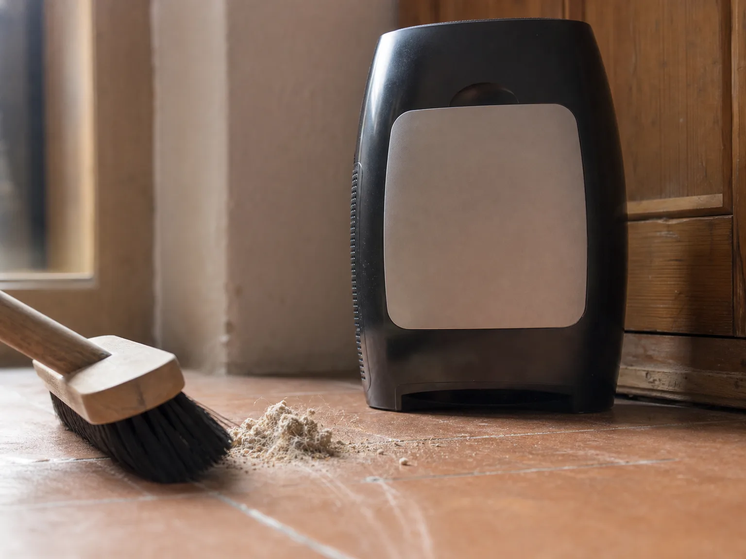 Close-up of a broom pushing dog hair and crumbs into the low floor-level intake of a black touchless vacuum canister on kitchen tile