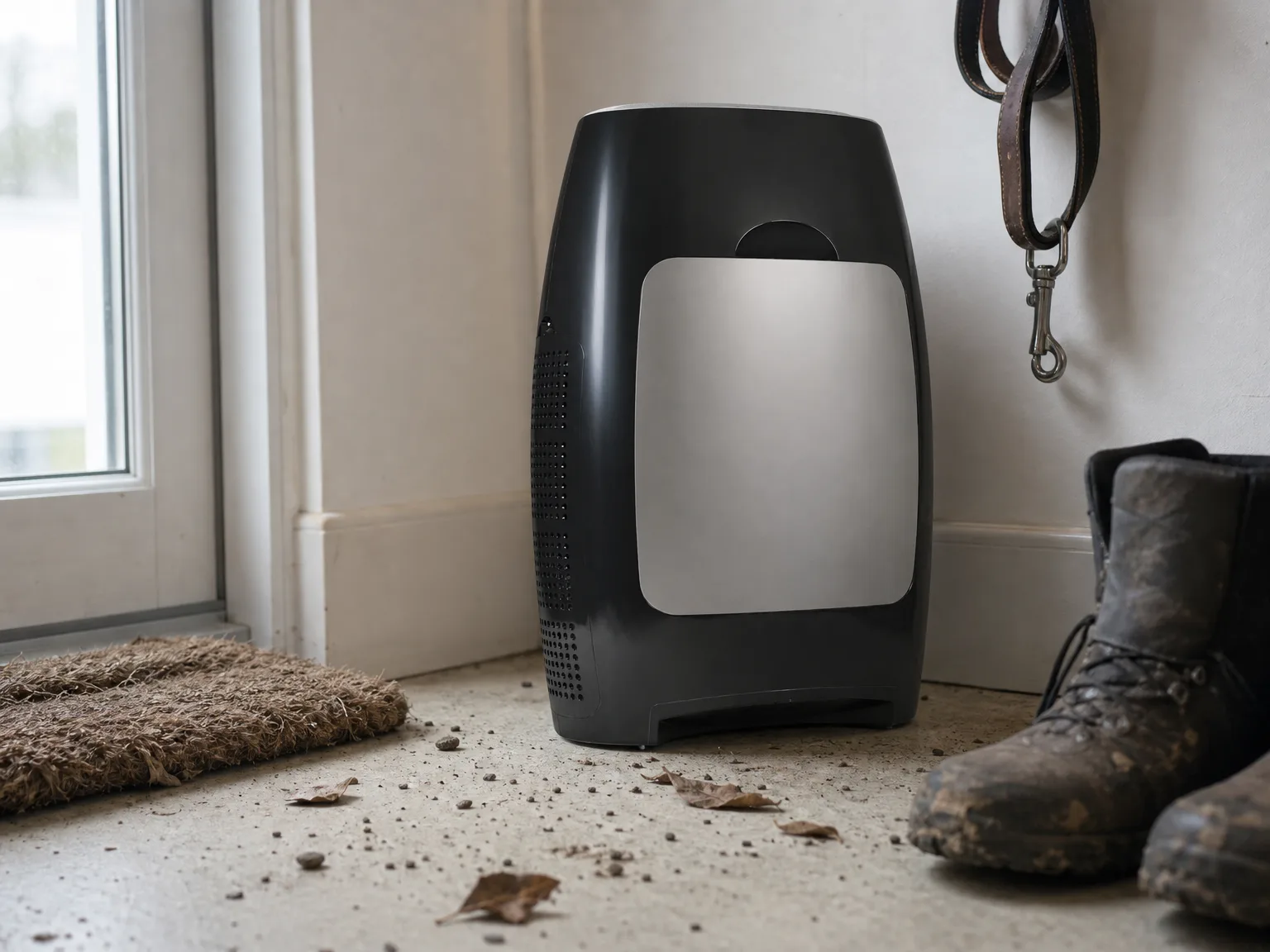 Close-up of a black and silver touchless vacuum canister standing in a mudroom corner beside a doormat with visible scattered grit on the floor