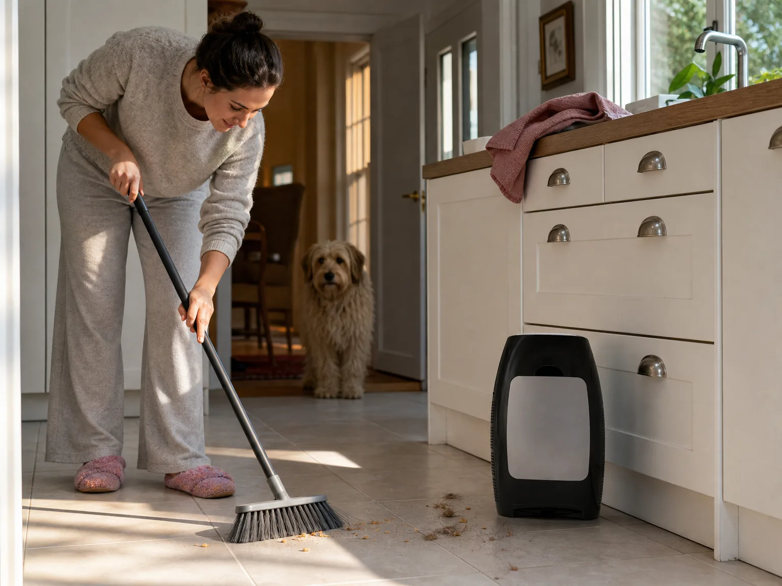 Woman in her early thirties sweeping crumbs toward a floor-level touchless vacuum canister in a sunlit kitchen while a dog watches from the doorway