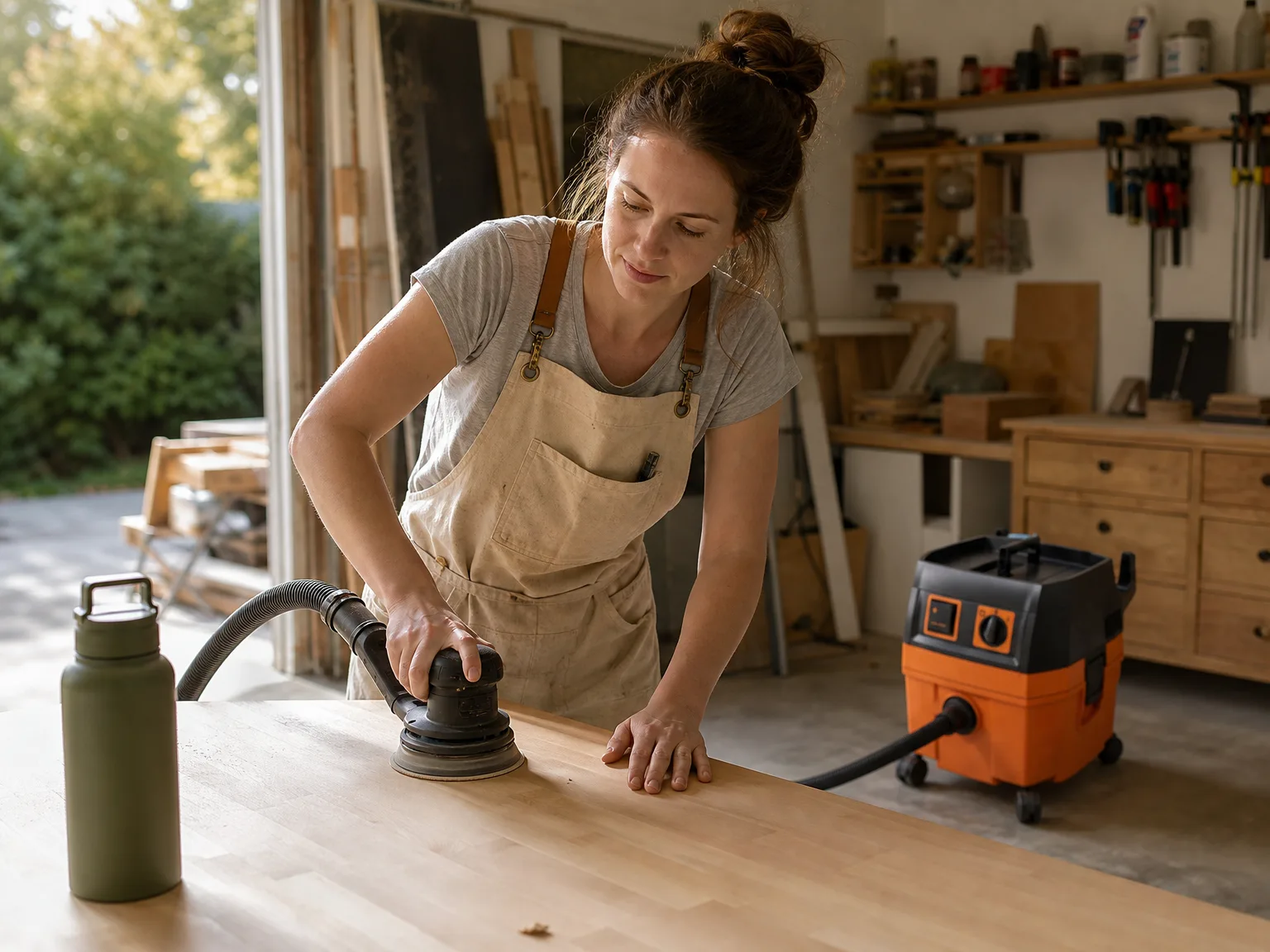 Woman in her thirties sanding a maple tabletop in a sunlit garage workshop with a dust extractor hose clipped to the sander