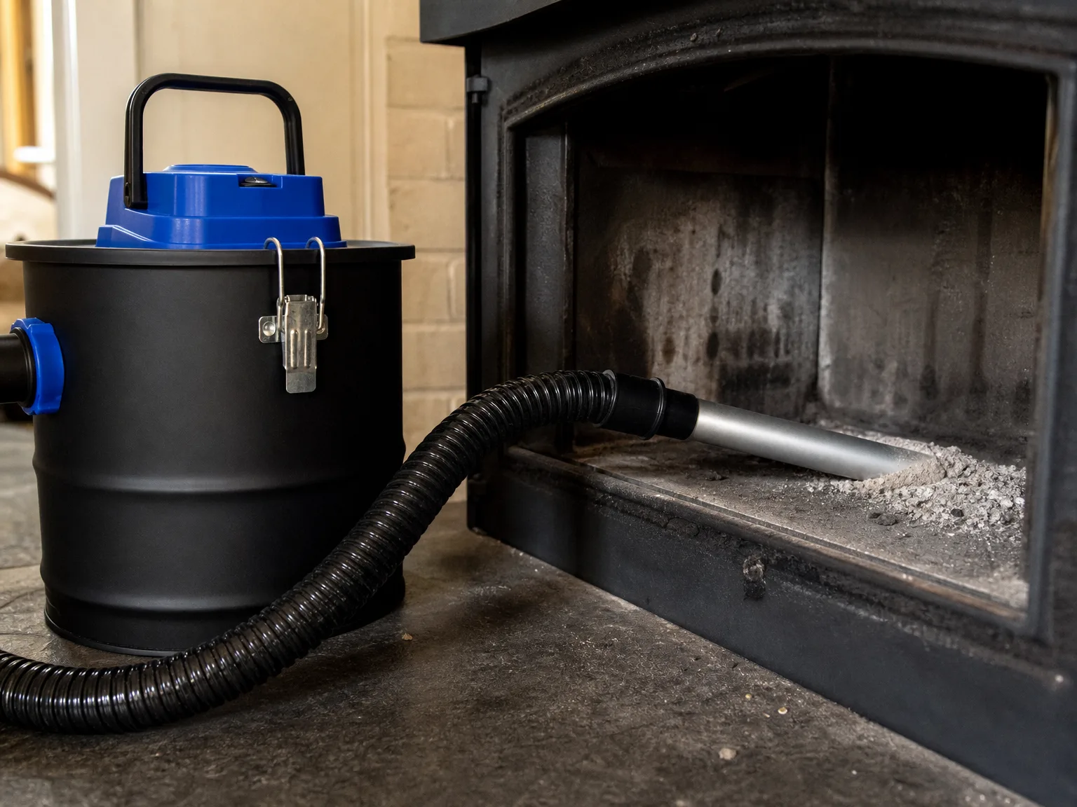 Close-up of a blue ash vacuum's metal hose nozzle lifting fine gray ash from the corner seam of a cast iron wood stove firebox