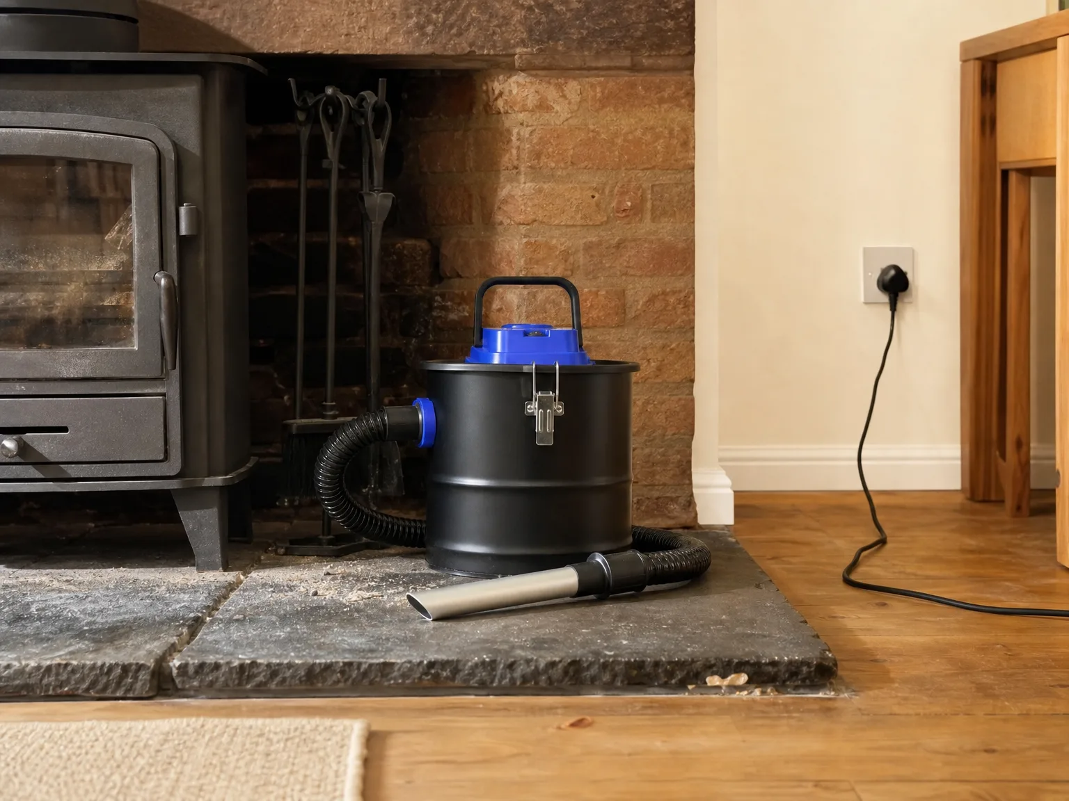 Blue metal ash vacuum canister on a stone hearth with its short power cord pulled tight toward a wall outlet several feet out of reach