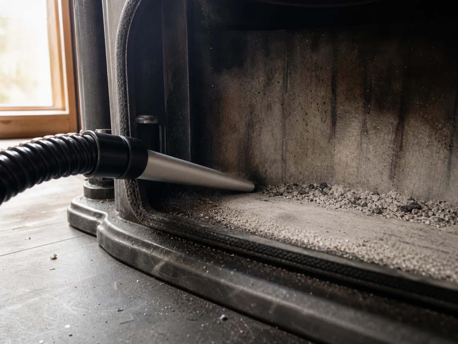 Close-up of an orange ash vacuum hose nozzle pulling fine gray ash out of the corner of a cast iron wood stove firebox