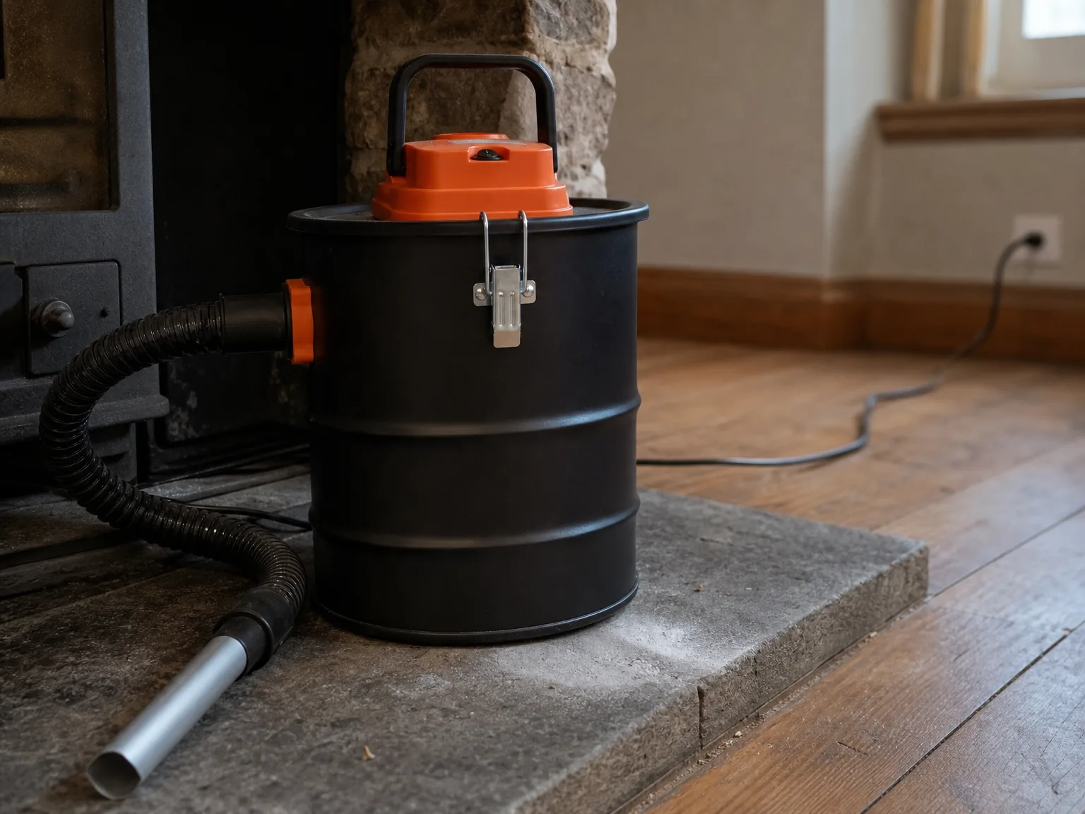 Orange metal ash vacuum canister sitting on a stone hearth with its short power cord stretched taut toward a wall outlet several feet away