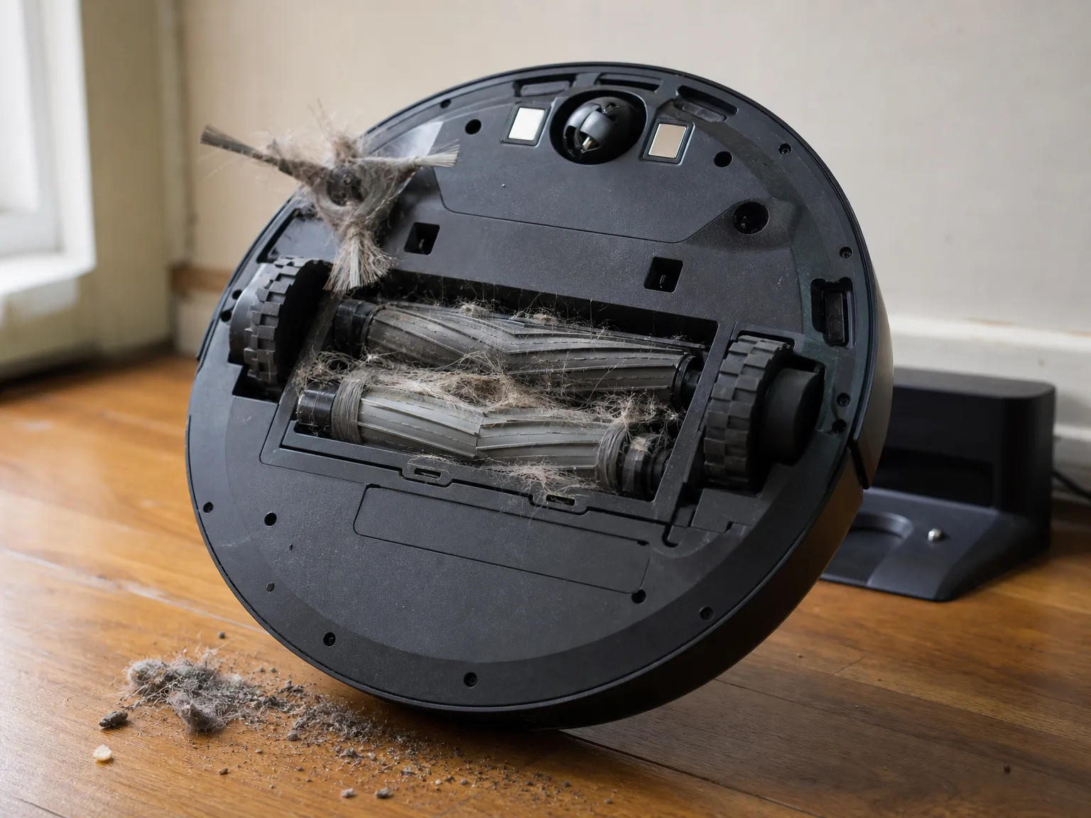 Close-up of a round robot vacuum's dual rollers and side brush pulling a gray mat of cat hair off warm oak flooring