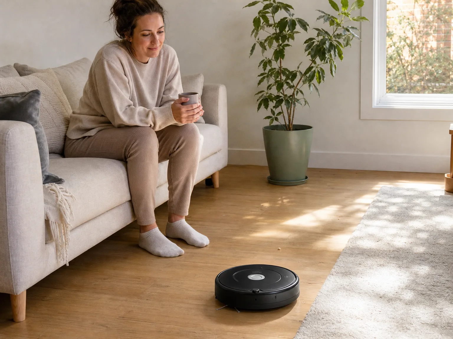Woman in her early thirties sitting on the edge of a sofa with a coffee mug while a round robot vacuum crosses the sunlit oak floor in front of her
