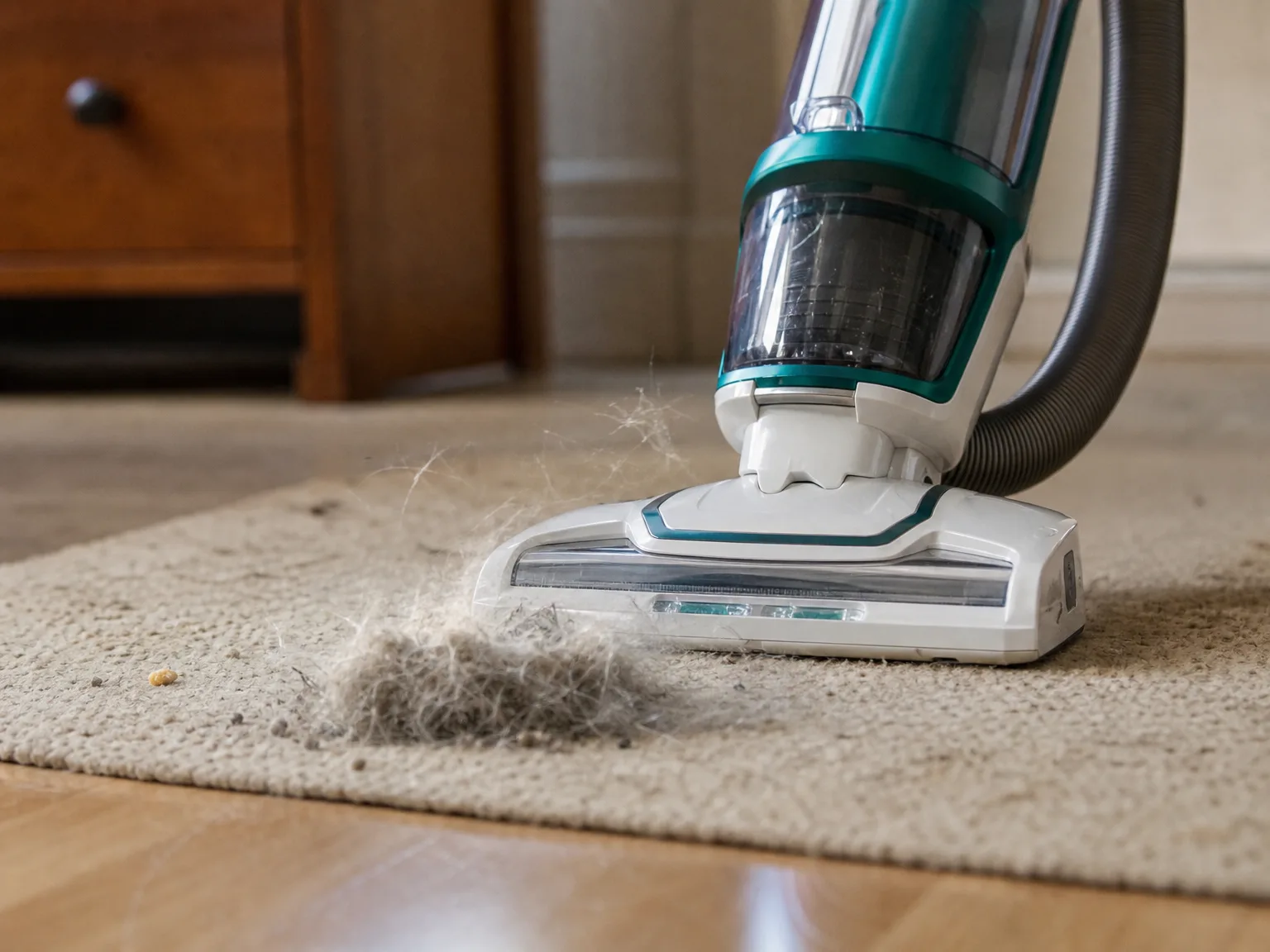 Close-up of an upright vacuum floor head lifting cat hair and gray dust from a low-pile rug in warm window light