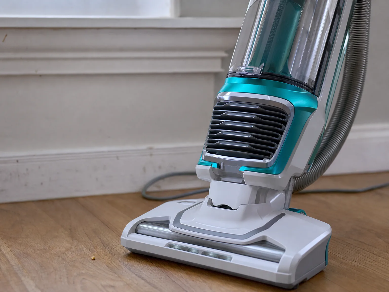 Close-up of the plastic joint where an upright vacuum floor head connects to the body, tilted back on a hardwood floor