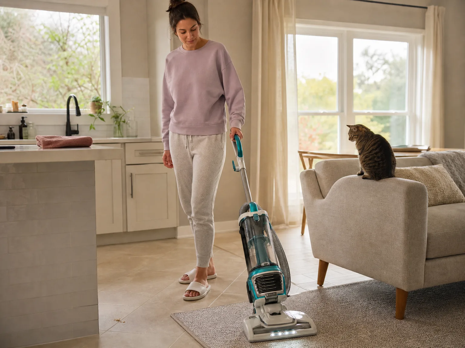 Woman in her early thirties pushing a bagless upright vacuum from kitchen tile onto a low-pile rug while a cat watches from the sofa