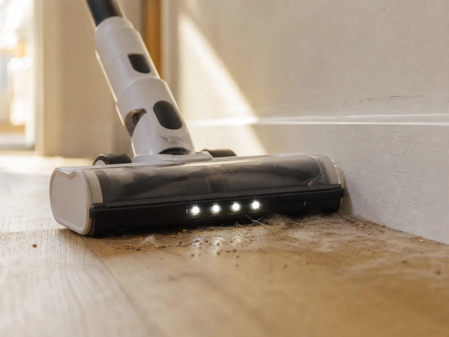 Close-up of a slim white cordless vacuum floor head lifting pet hair from warm oak flooring beside a baseboard