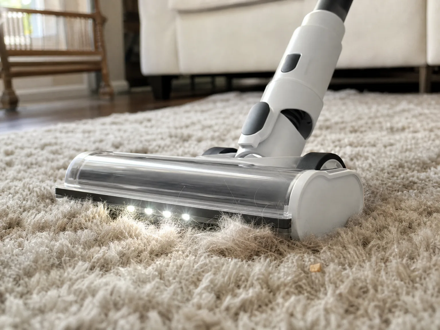 Close-up of a cordless vacuum brush head pressed into deep-pile beige carpet with strands of pet hair still visible in the fibers