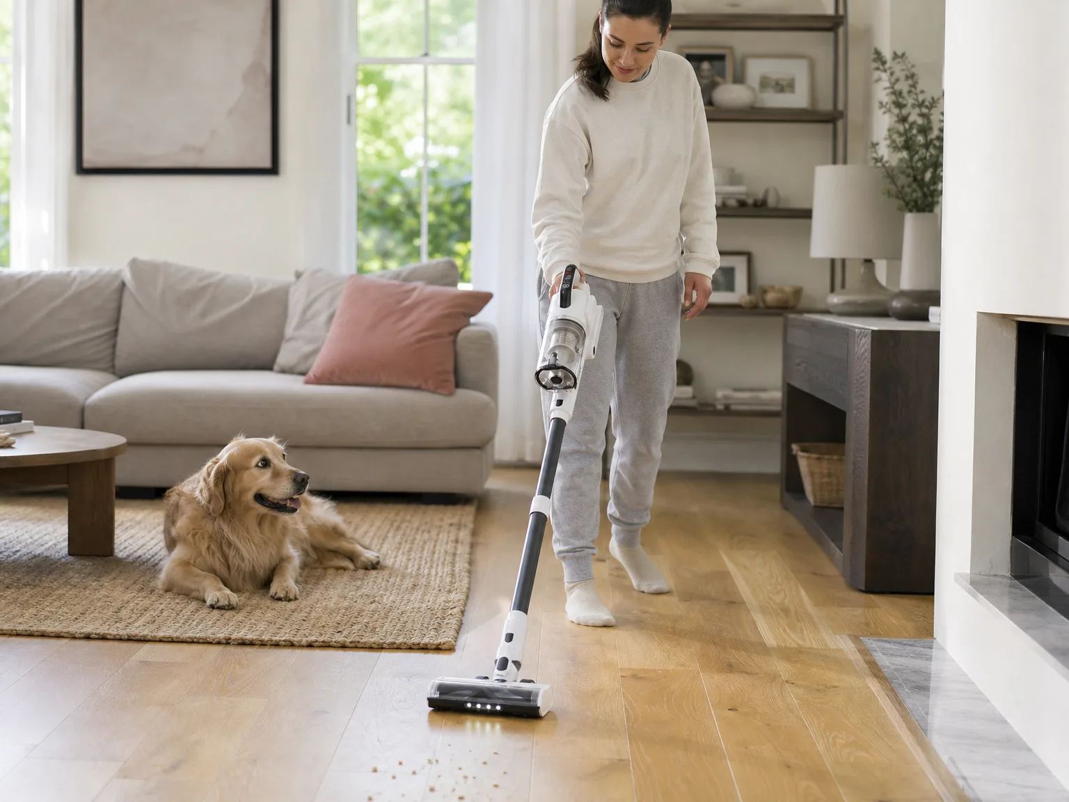 Woman in her early thirties running a white self-standing cordless vacuum across sunlit hardwood in a lived-in living room while a dog watches from a rug