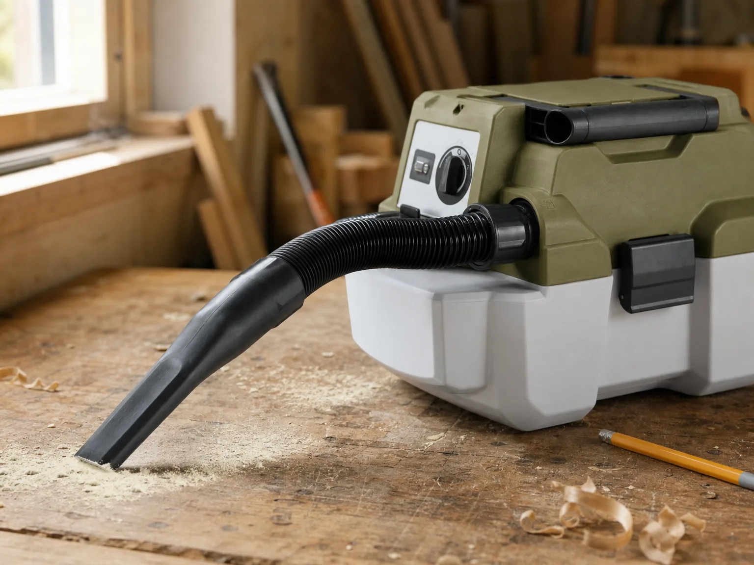 Close-up of a compact cordless wet dry vacuum nozzle lifting fine sanding dust from a wooden workbench, with the fold-down handle collapsed against the body