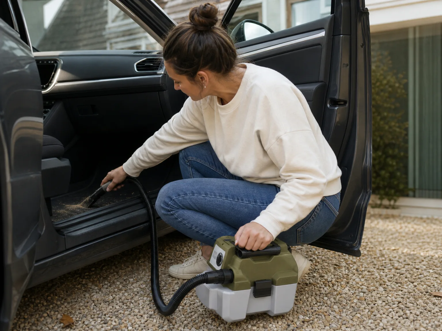 Woman in her early thirties crouching on the balls of her feet beside an open car door, cleaning sand out of the footwell with a small cordless wet dry vacuum in morning light