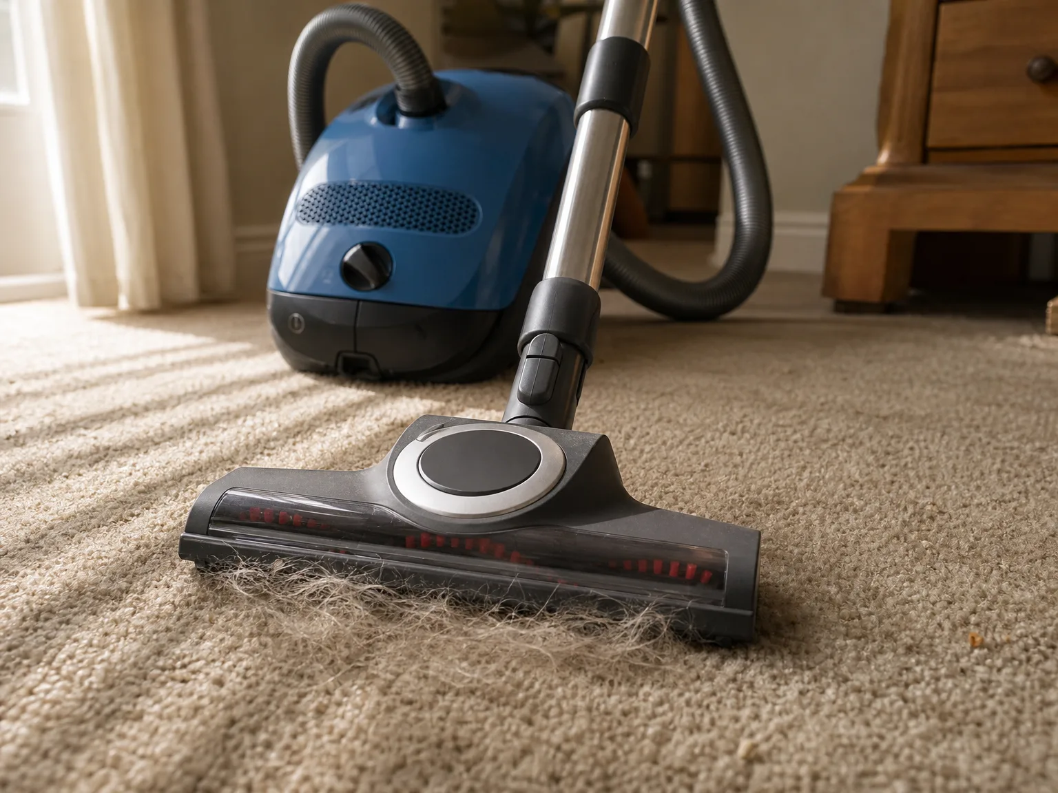 Close-up of an air-driven turbo brush head leaving clean parallel lines across a mid-pile beige rug with dog hair gathering in front of the roller