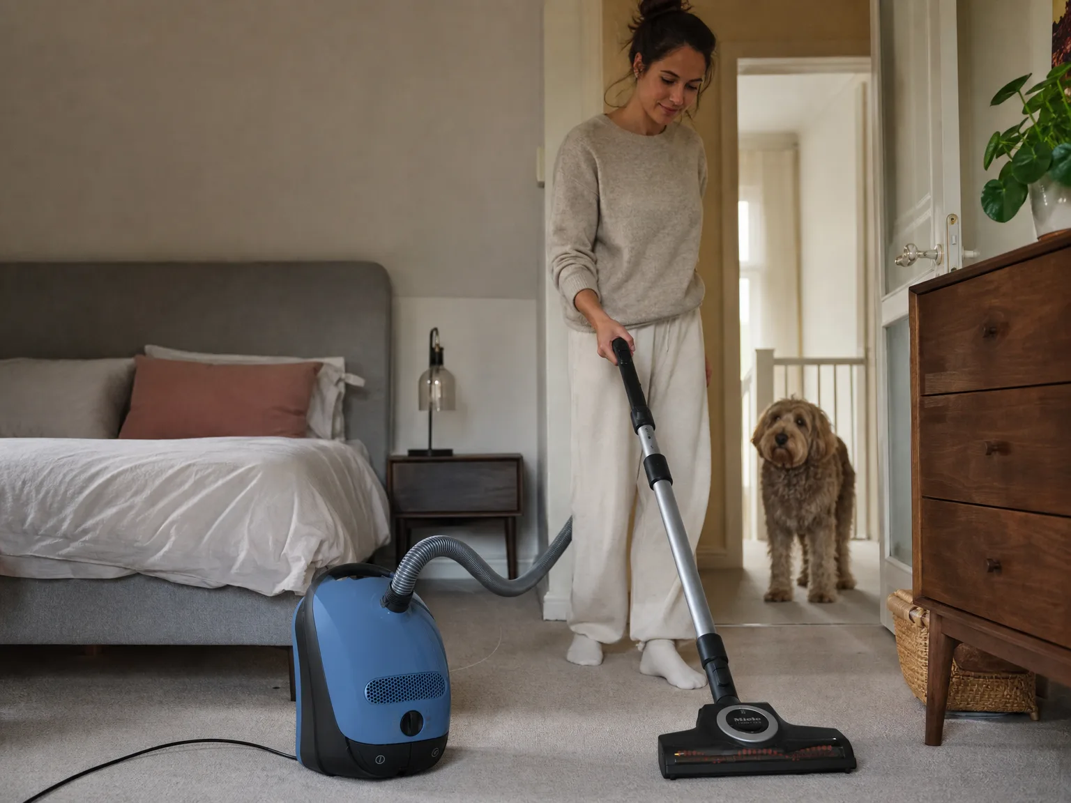 Woman in her early thirties guiding a canister vacuum turbo head across a low-pile bedroom carpet in warm morning light while the blue canister body sits behind her