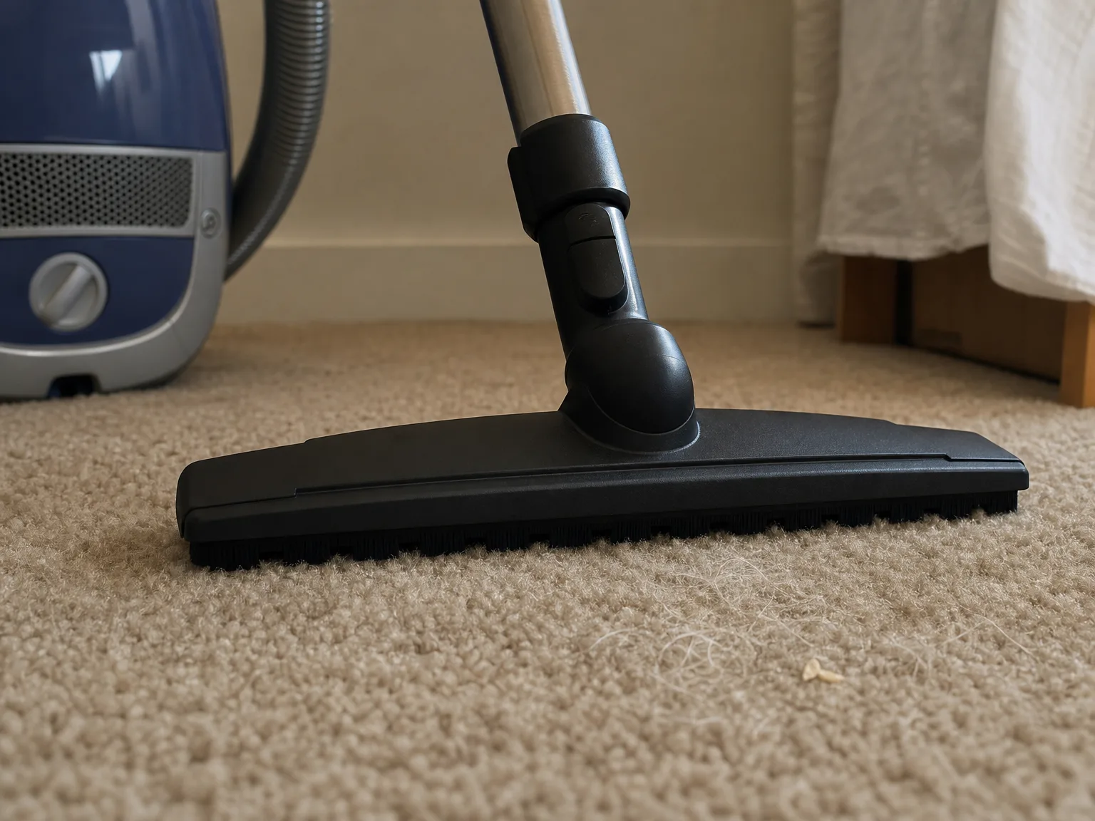 Close-up of a non-powered vacuum floor brush resting on thick beige medium-pile carpet with pet hair still visible worked down between the fibers