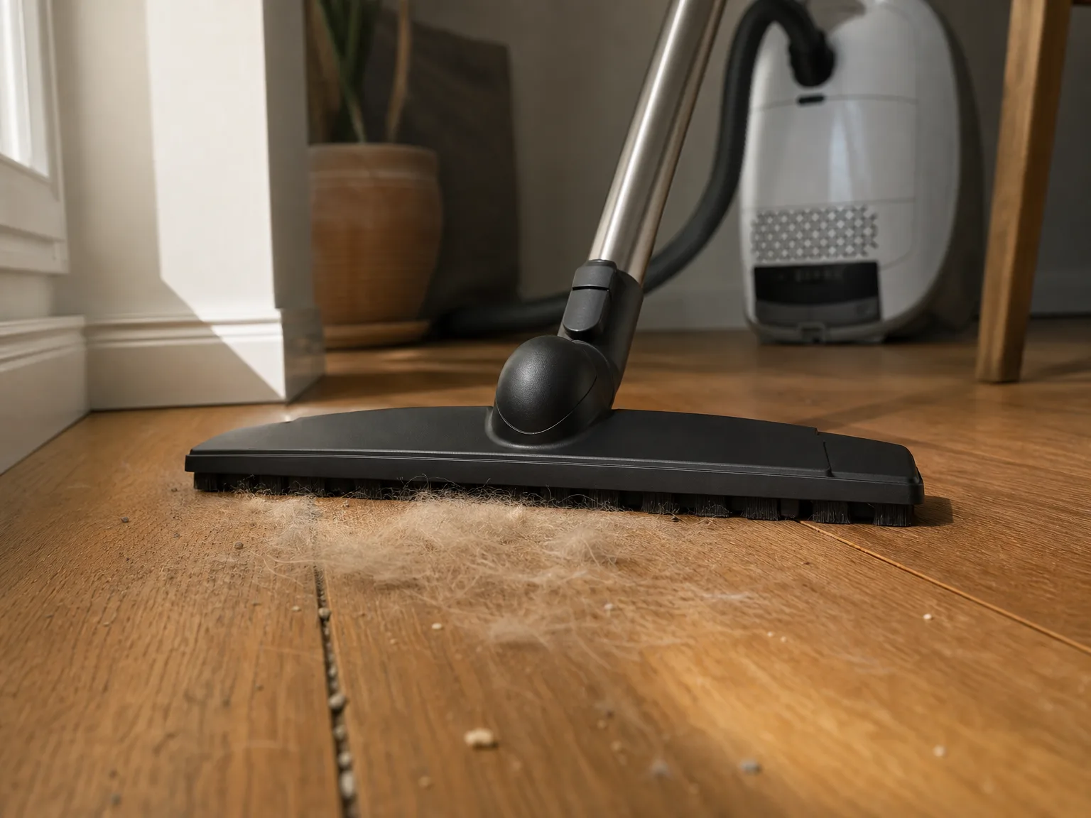Close-up of a wide hard-floor vacuum brush head pulling a line of pet hair and dust off pale wood flooring
