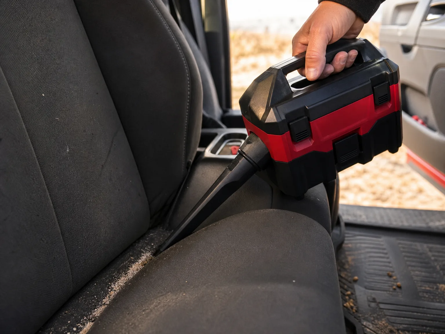Close-up of a compact cordless wet dry vacuum nozzle pulling sand and grit from the seam of a truck seat in warm afternoon light