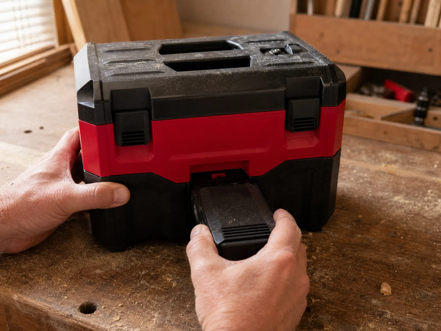 Hands sliding an M18 battery pack out of the base of a compact cordless wet dry vacuum on a scratched wooden workbench