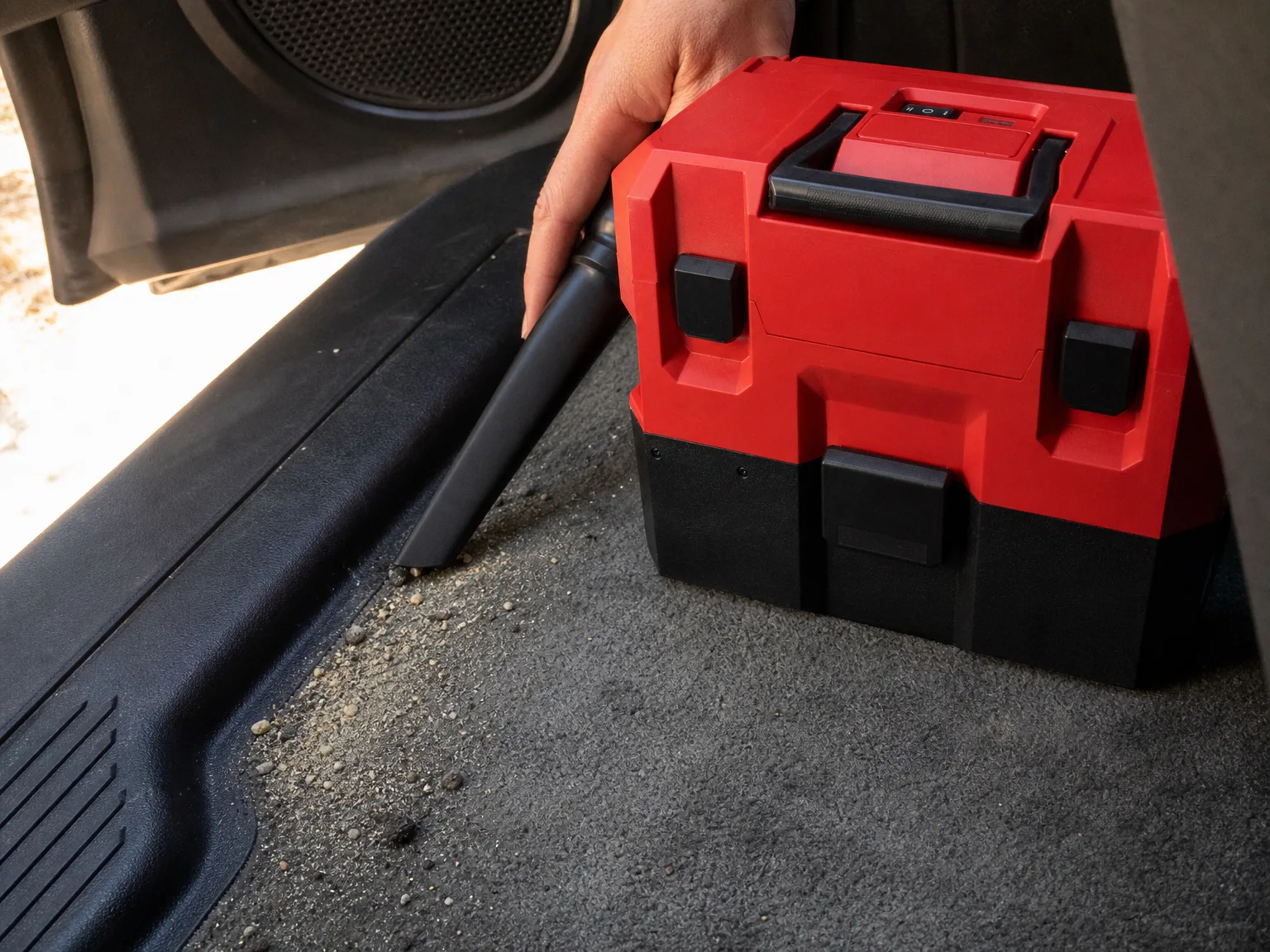 Close-up of a compact cordless wet/dry vacuum nozzle lifting grit and crumbs from the carpet of a car footwell