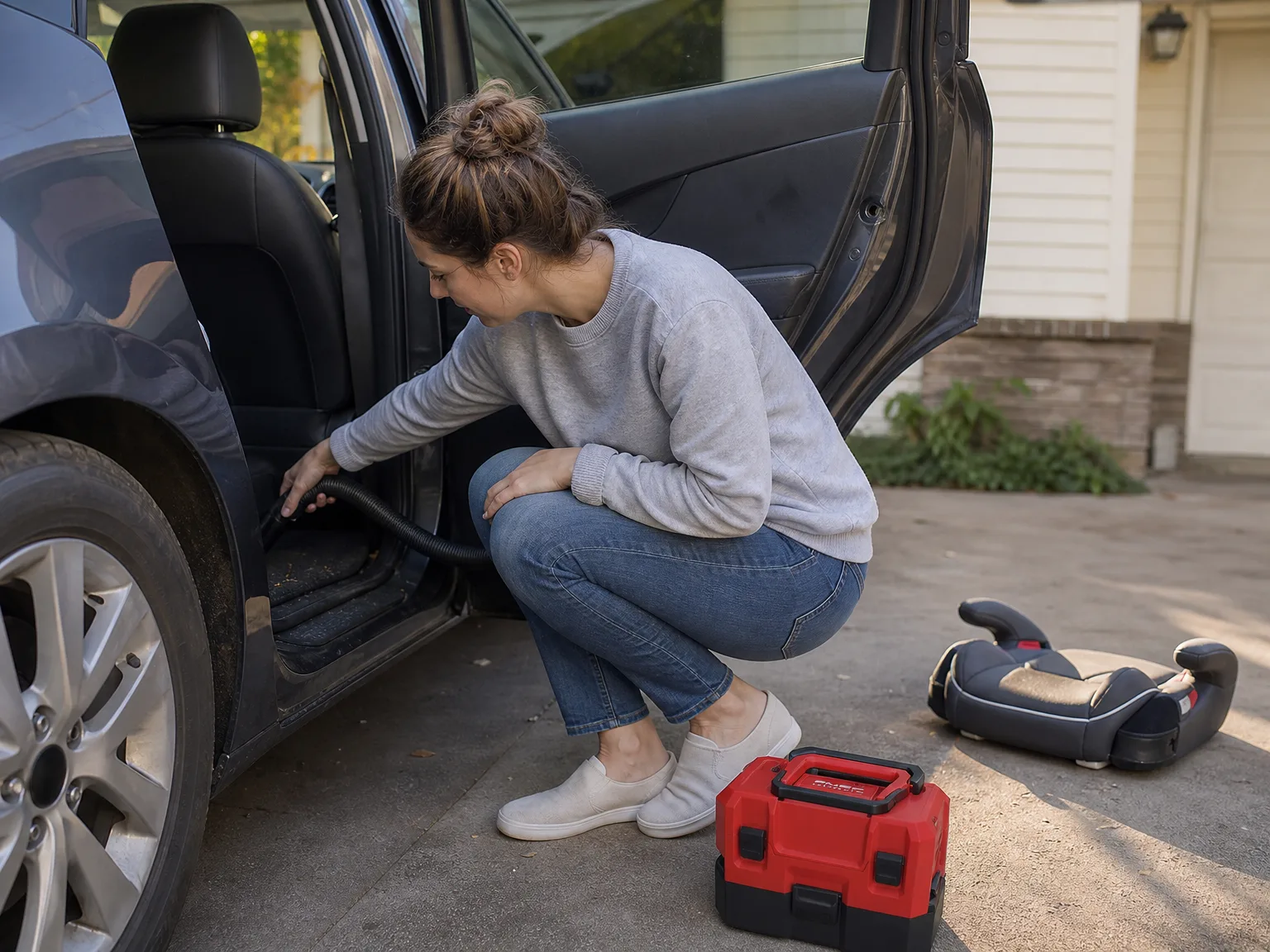 Woman in her early thirties crouching beside an open car door cleaning the footwell with a small cordless wet/dry vacuum on a sunlit driveway
