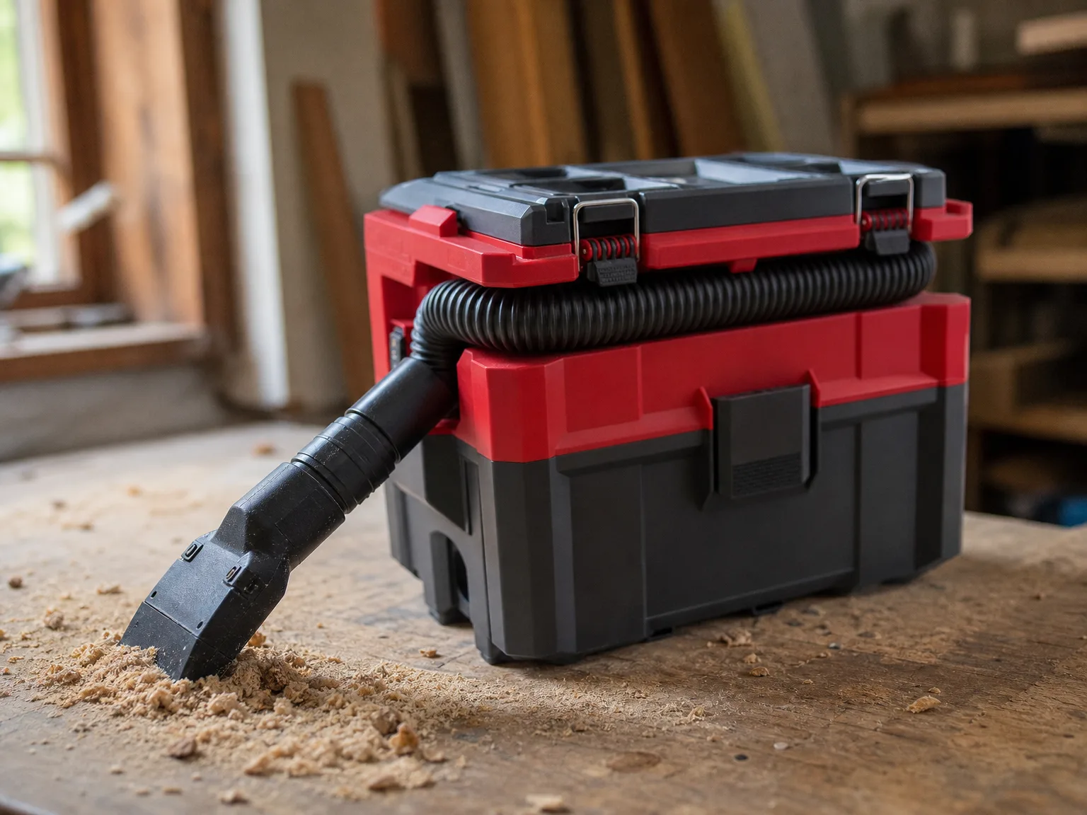 Close-up of a small cordless wet dry vacuum nozzle pulling fine sawdust and wood shavings off a workbench