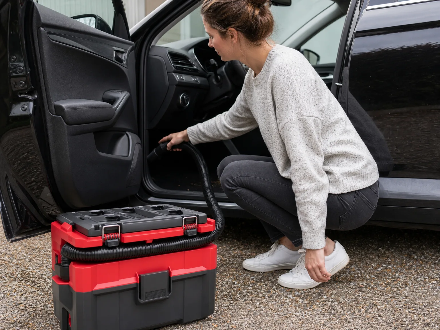 Woman in casual clothes crouching beside an open car door with a small cordless wet dry vacuum, cleaning grit out of the footwell in morning light