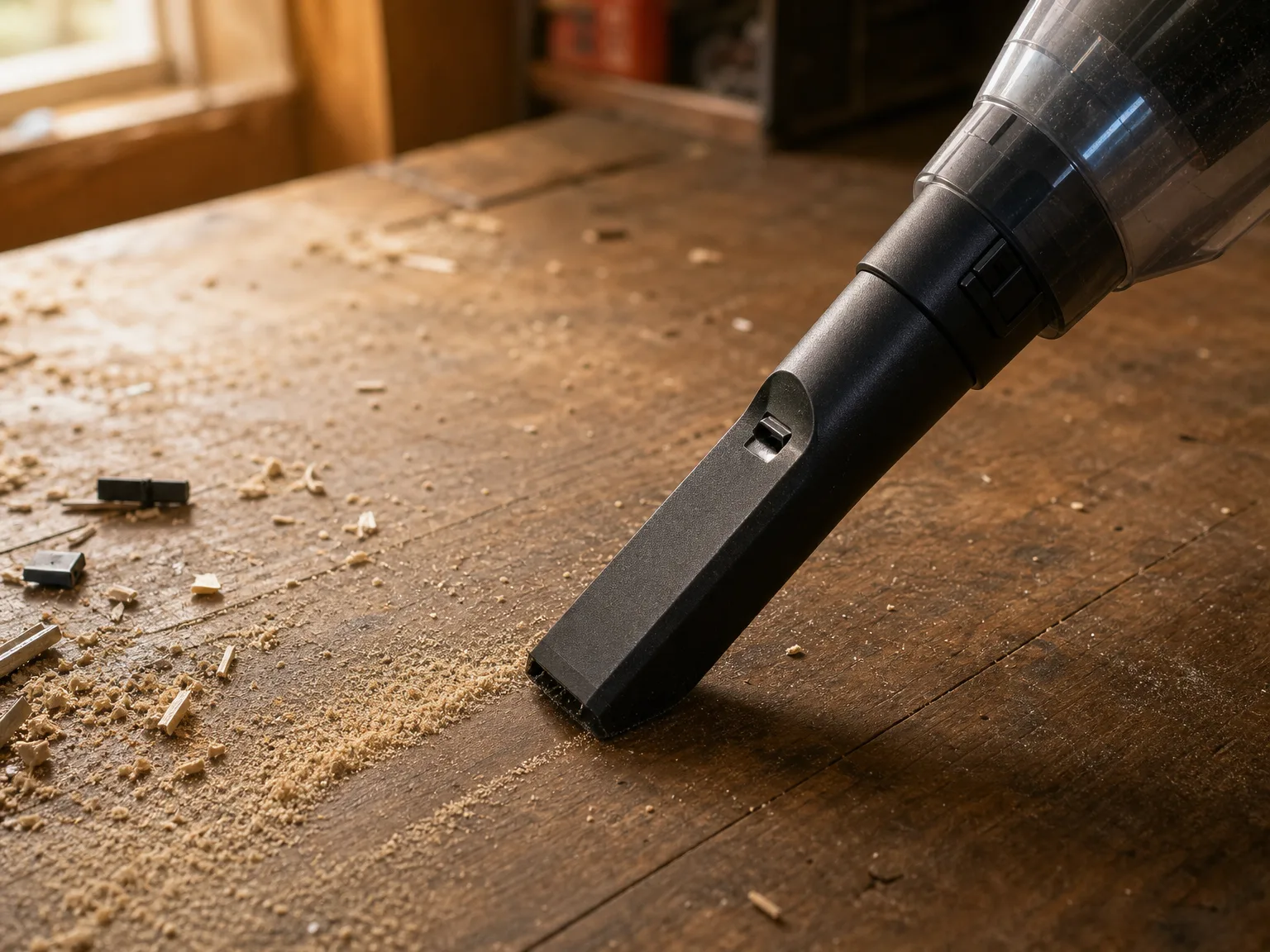 Close-up of a cordless wet dry vacuum nozzle pulling fine sawdust off a wooden workbench near a scattering of plastic offcuts