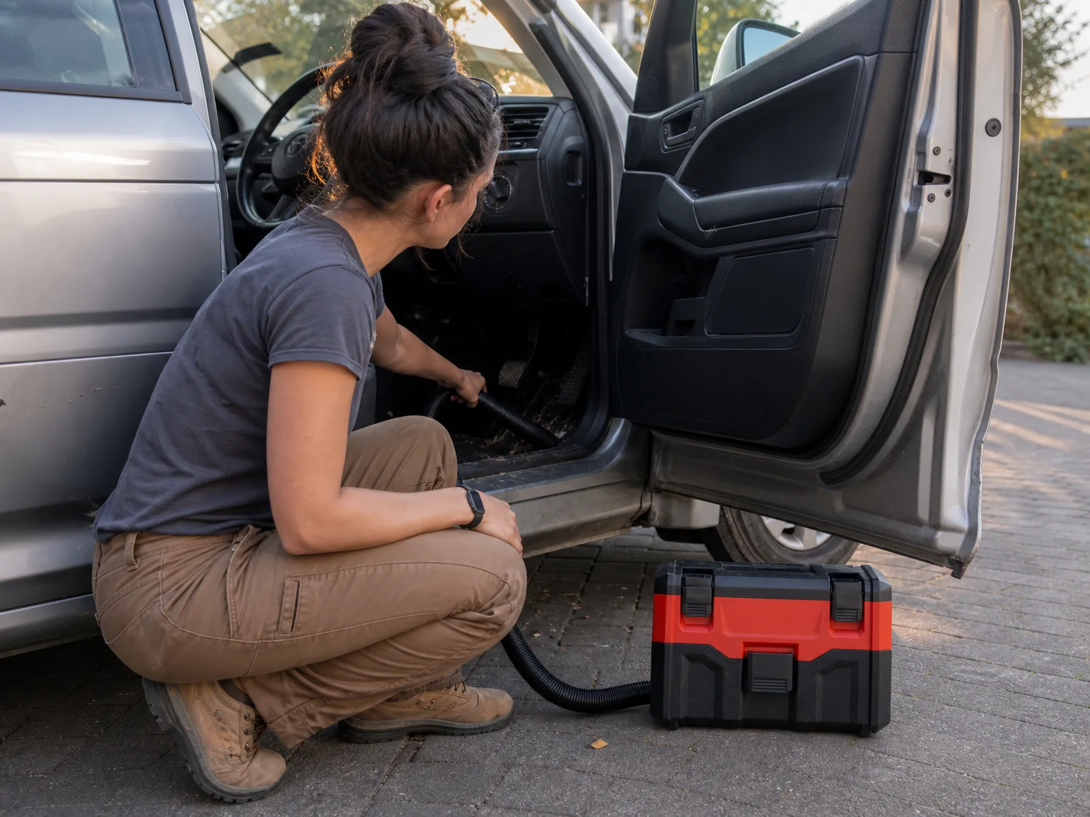 Woman in casual work clothes crouching beside an open car door with a small cordless wet dry vacuum, cleaning grit out of the footwell in morning light