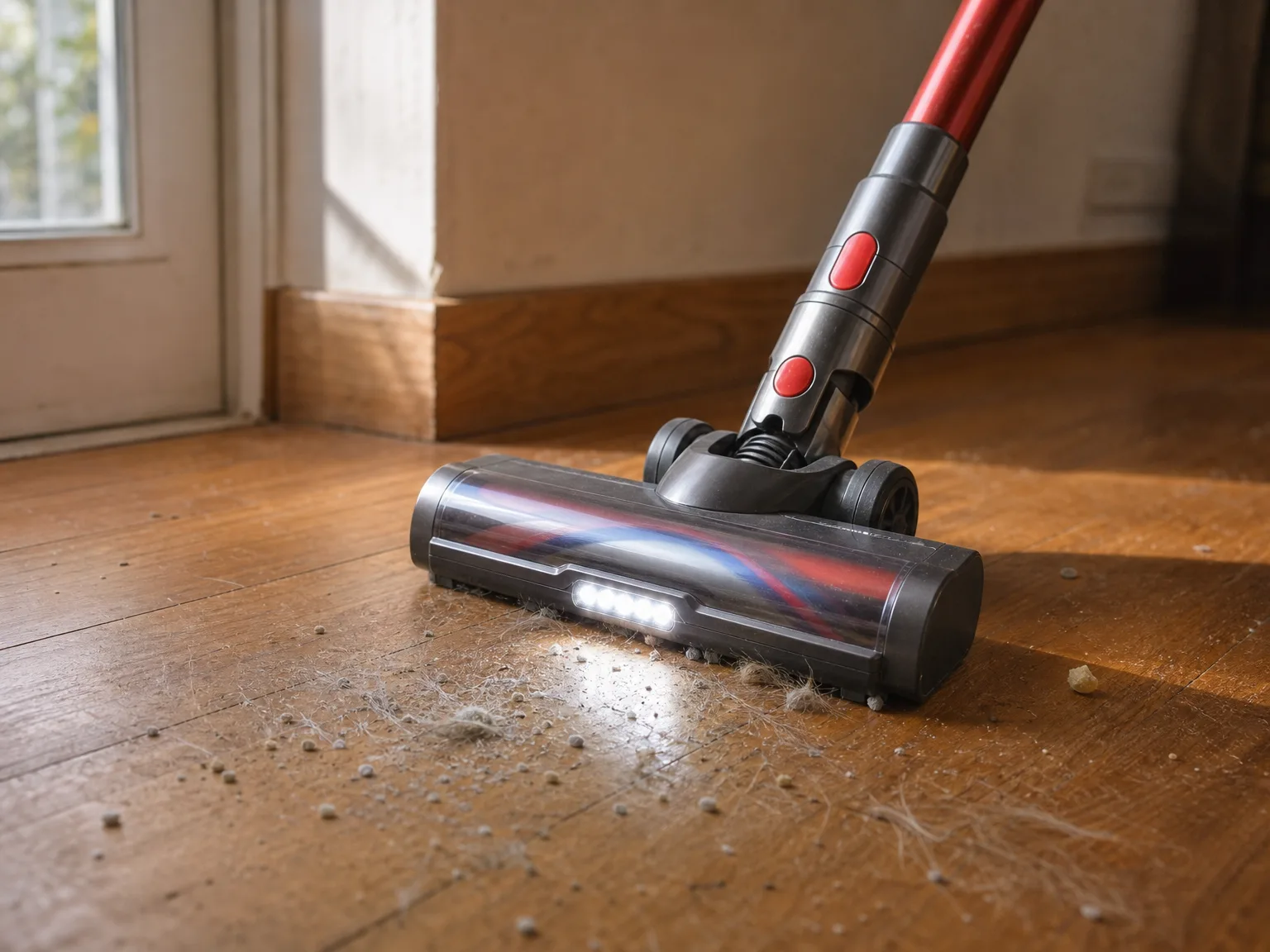 Close-up of a cordless vacuum brush head lifting cat hair and litter granules from warm hardwood flooring, headlight glowing across the boards