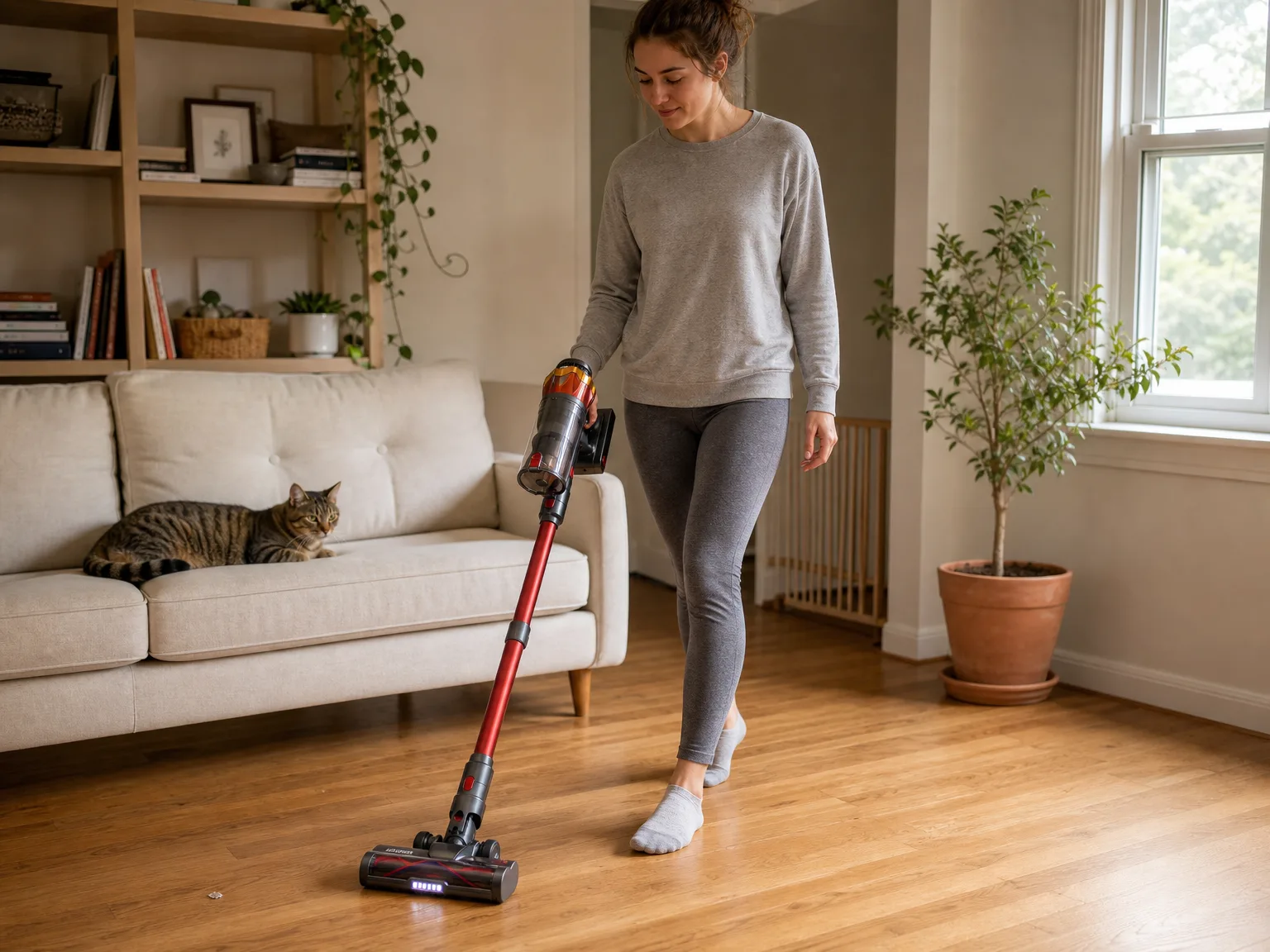 A woman in her early thirties vacuuming a hardwood living room floor with a red cordless stick vacuum, a cat watching from a cream sofa in warm morning light