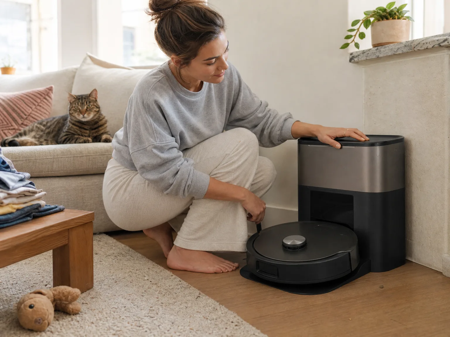 Woman in her early thirties crouching on the balls of her feet beside a robot vacuum's self-emptying base in a sunlit living room while a cat watches from the sofa