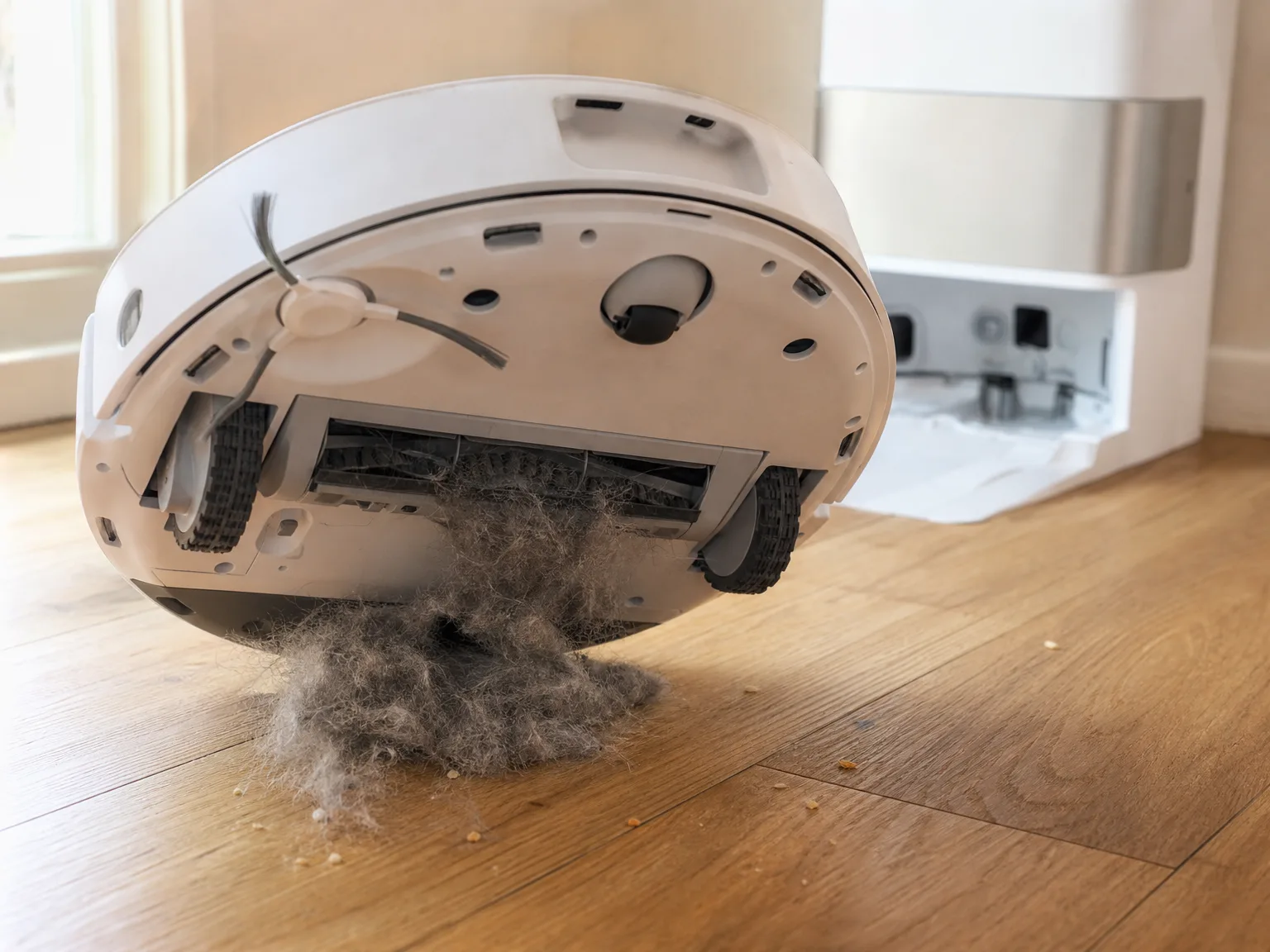 Close-up of a robot vacuum brush roller lifting a thick mat of gray pet hair off warm oak flooring