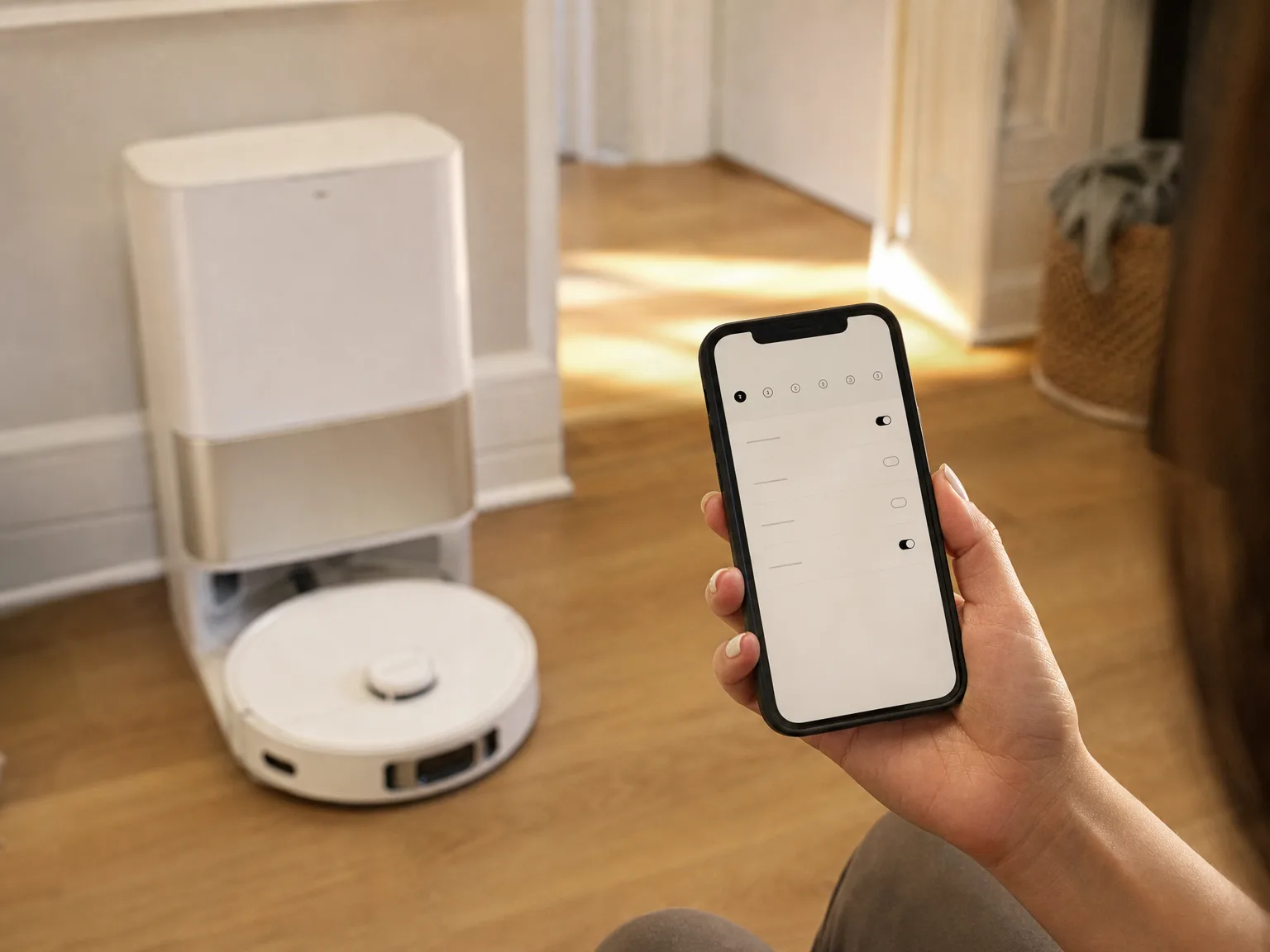 Close-up of a hand holding a phone with a cleaning schedule screen open, a robot vacuum dock blurred in the background of a sunlit hallway
