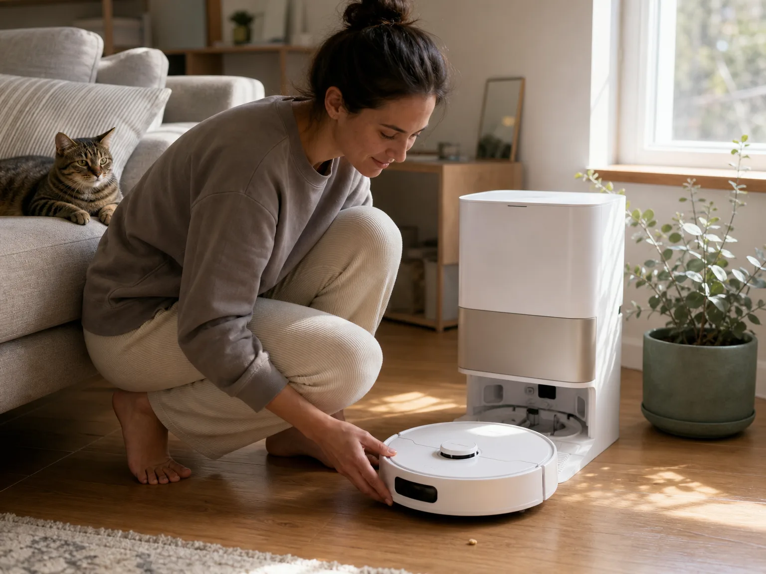 Woman in her early thirties crouching beside a robot vacuum on sunlit hardwood in a lived-in living room while a cat watches from the sofa