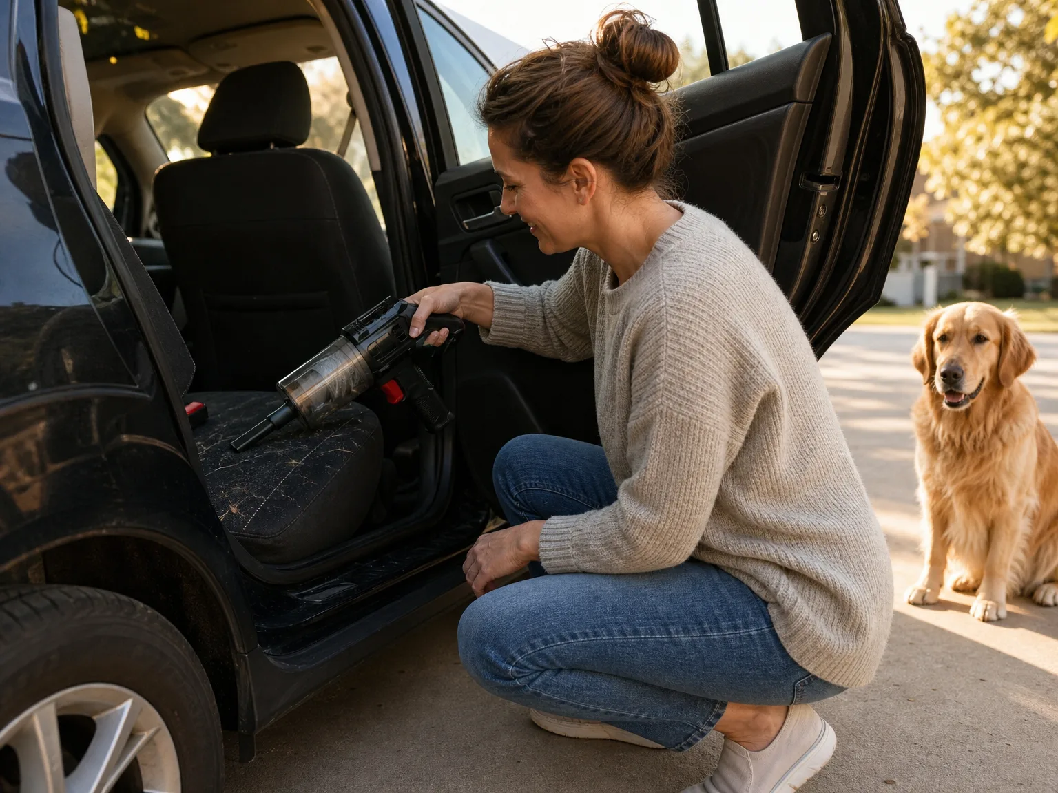 A woman crouching beside an open car door vacuuming pet hair off the back seat in warm morning light