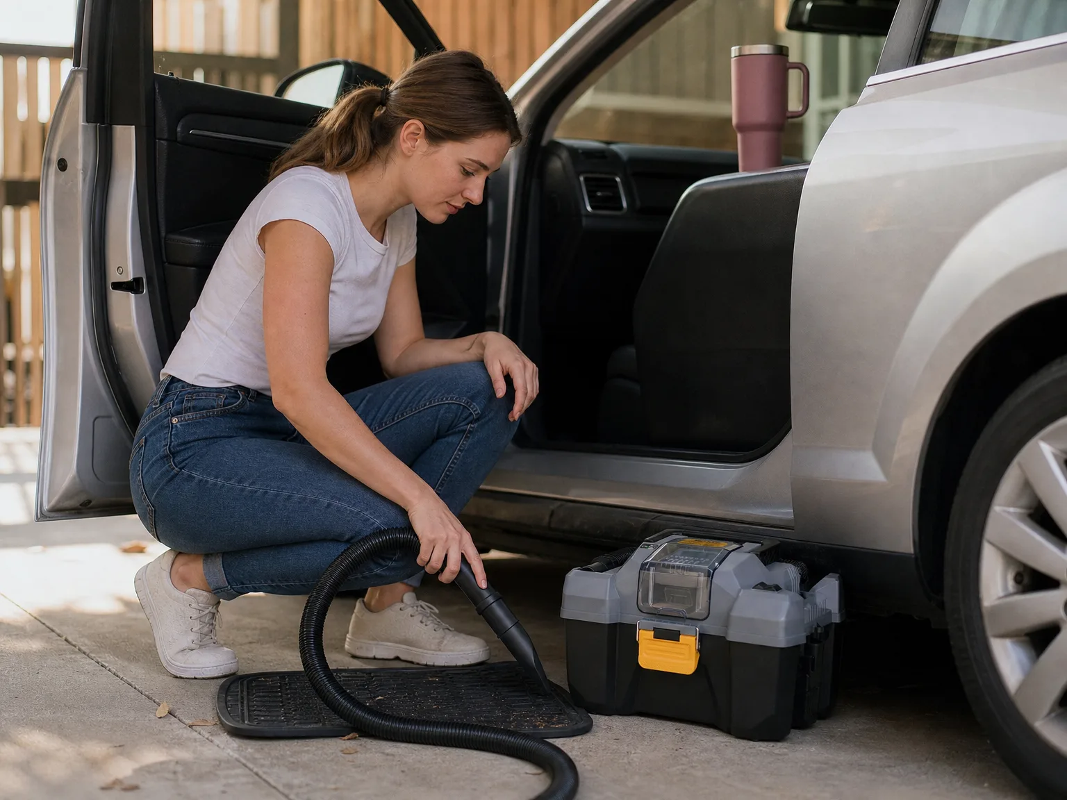 Woman in her early thirties crouching beside an open car door while vacuuming a floor mat with a compact cordless wet dry shop vac in morning light