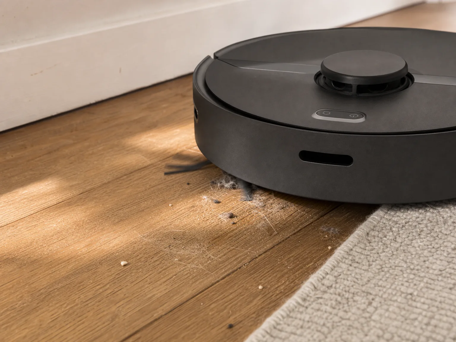 Close-up of a robot vacuum brush sweeping pet hair and crumbs from a light hardwood floor next to a low-pile rug edge